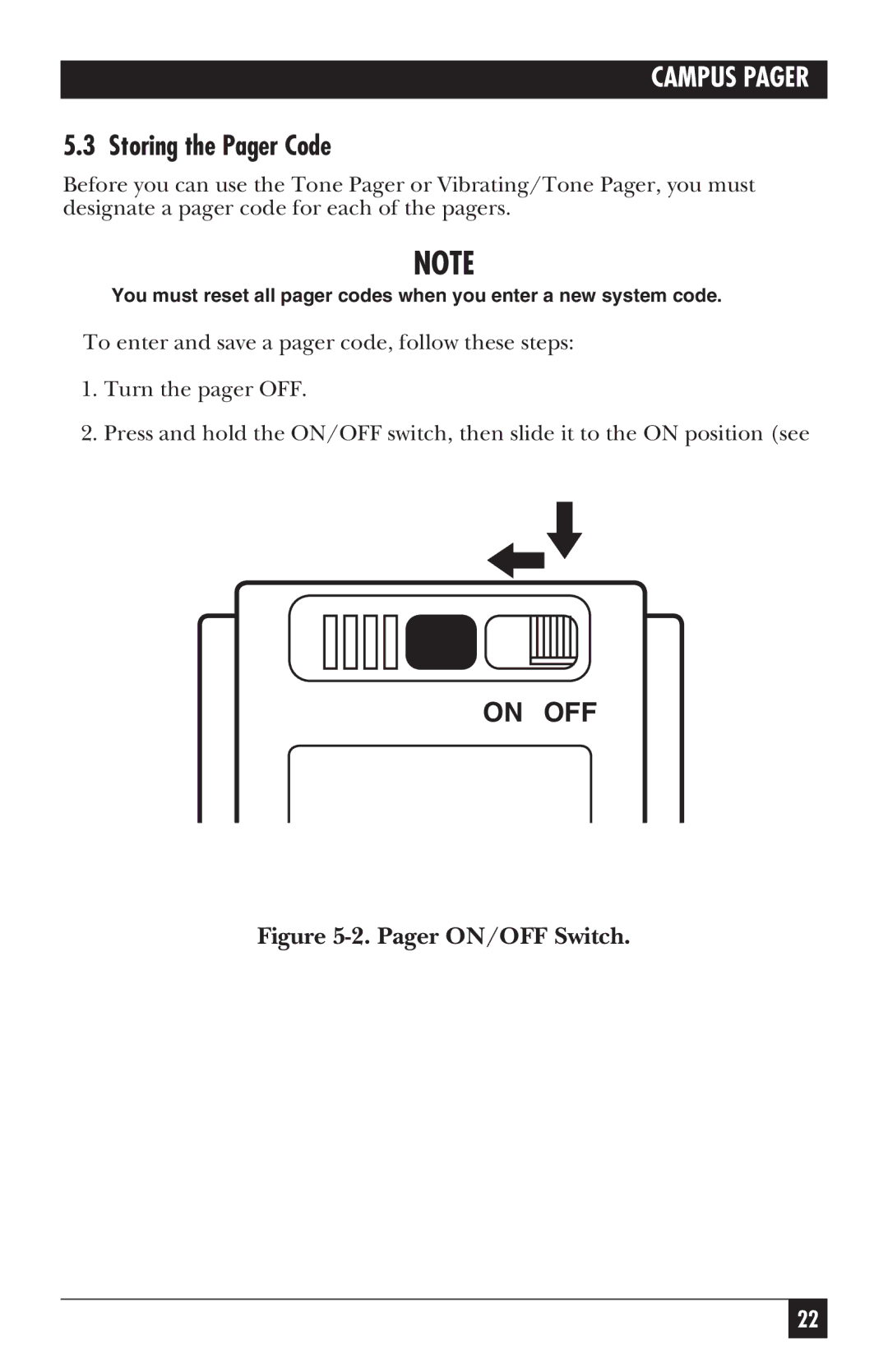 Black Box FX810AE, FX801A, FX802A, FX800AE manual Storing the Pager Code, Pager ON/OFF Switch 