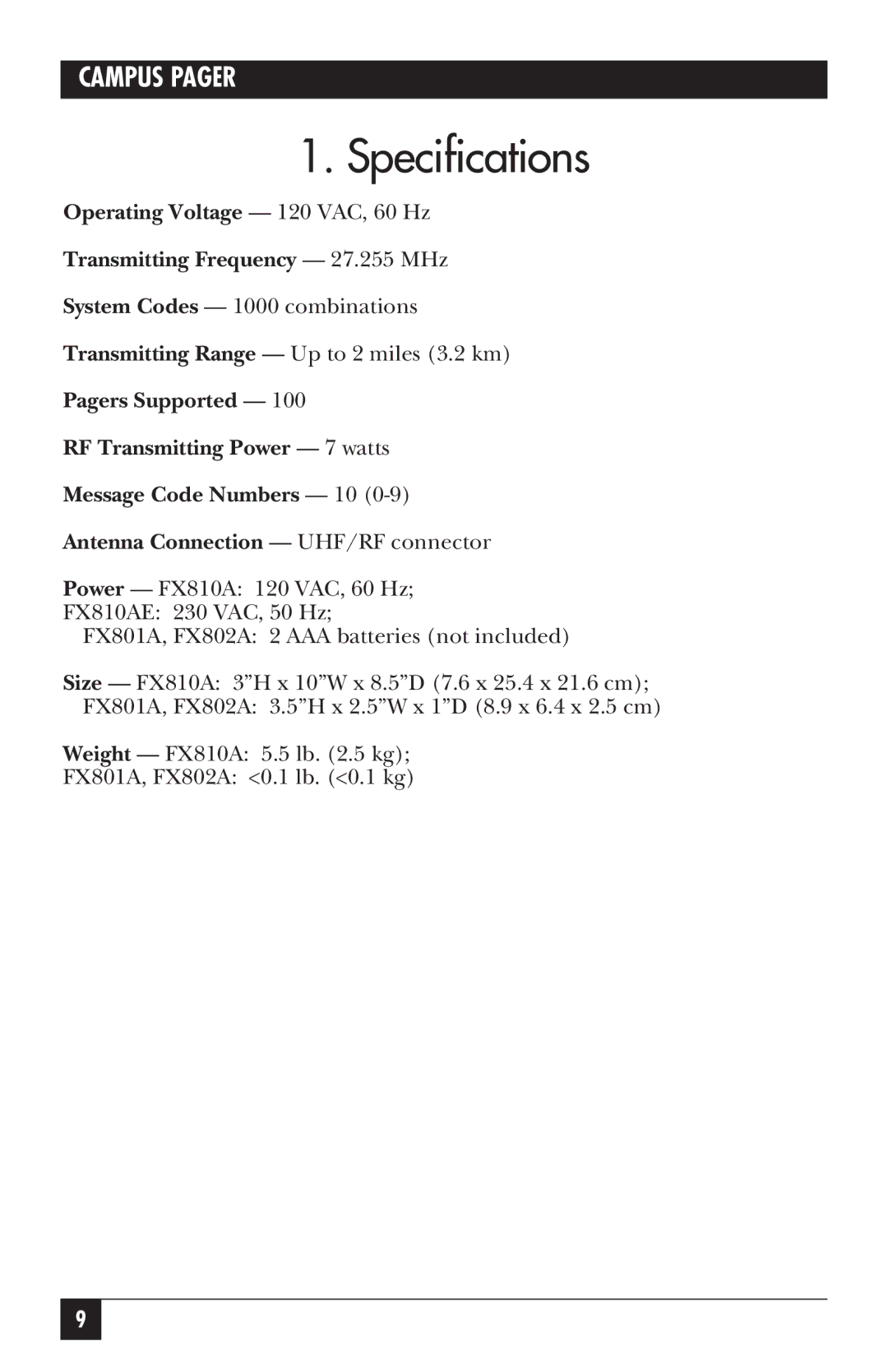 Black Box FX810AE, FX801A, FX802A, FX800AE manual Specifications 