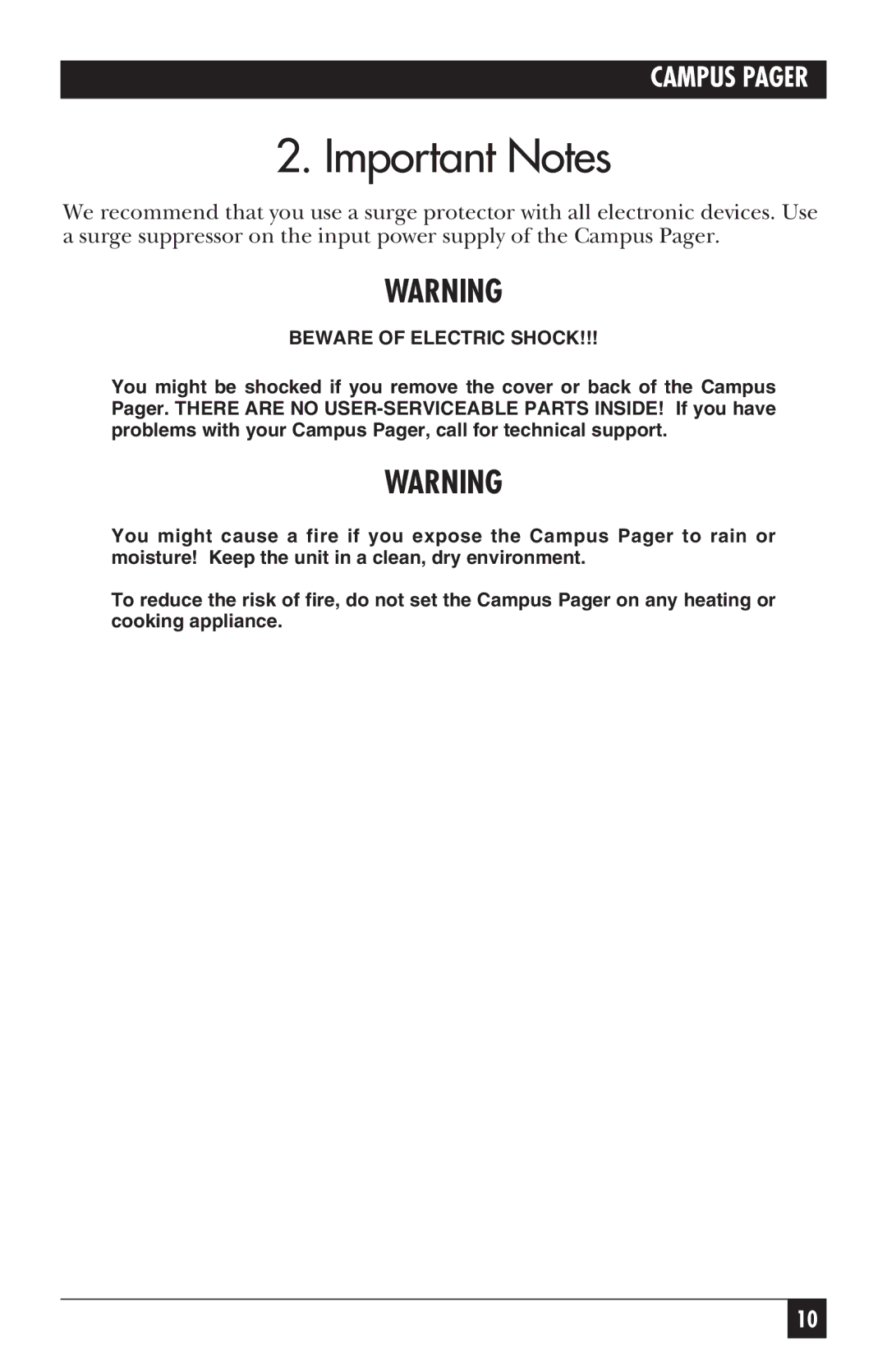 Black Box FX810AE, FX801A, FX802A, FX800AE manual Important Notes, Beware of Electric Shock 