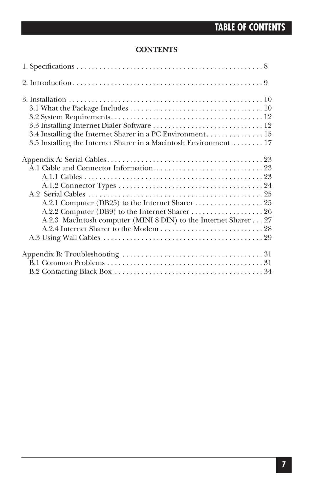 Black Box FX850AE manual Table of Contents 