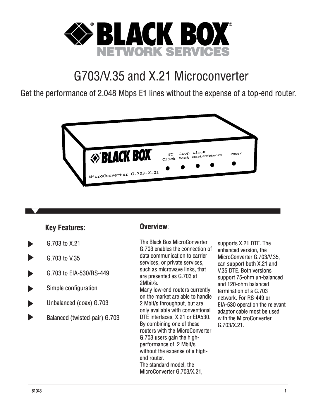 Black Box manual Key Features, Overview, G703/V.35 and X.21 Microconverter 