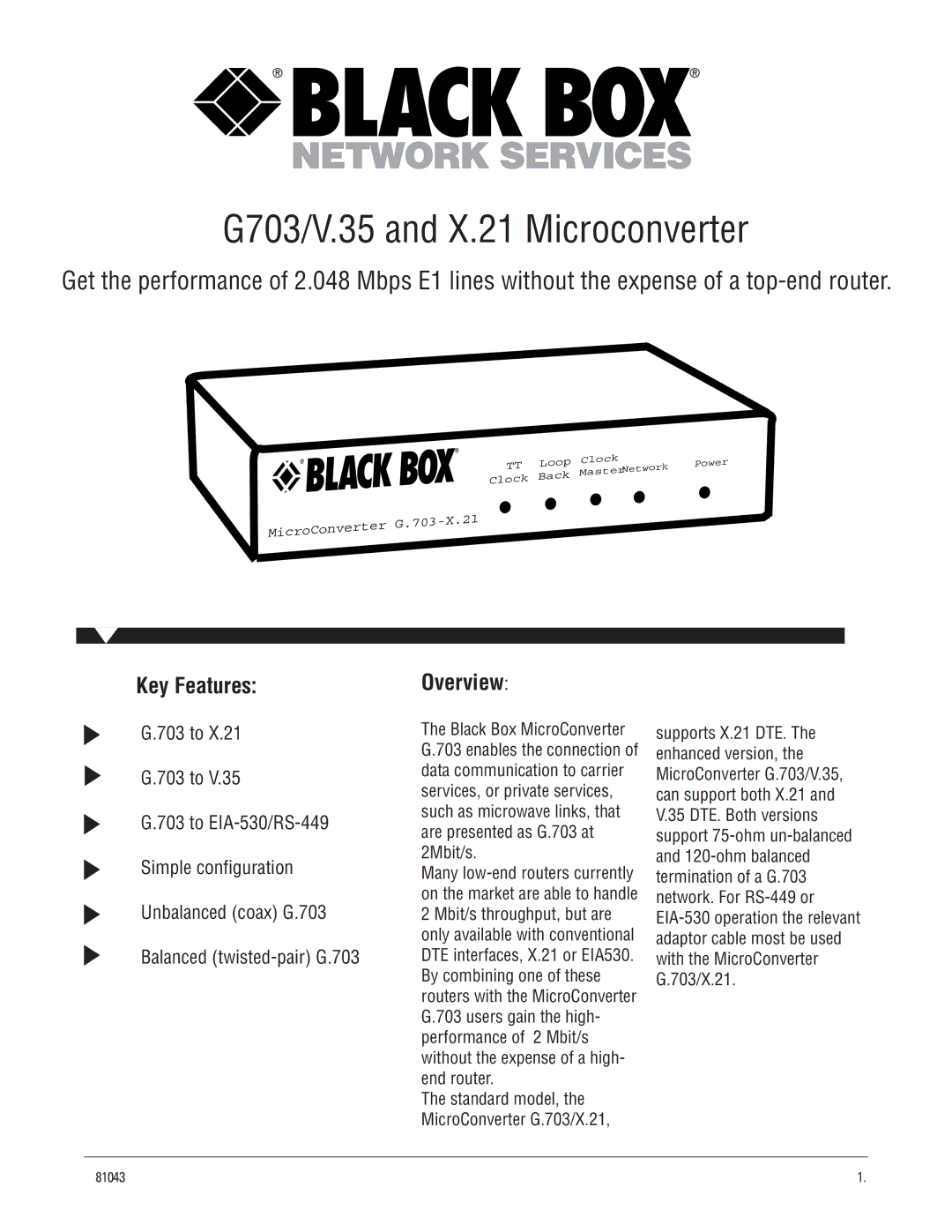 Black Box manual G703/V.35 and X.21 Microconverter, Key Features, Overview 