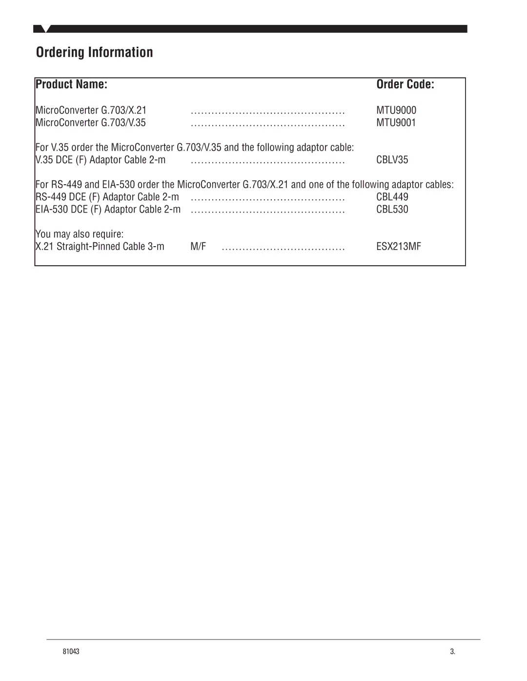 Black Box G703/V.35 manual Ordering Information, Product Name, CBLV35 