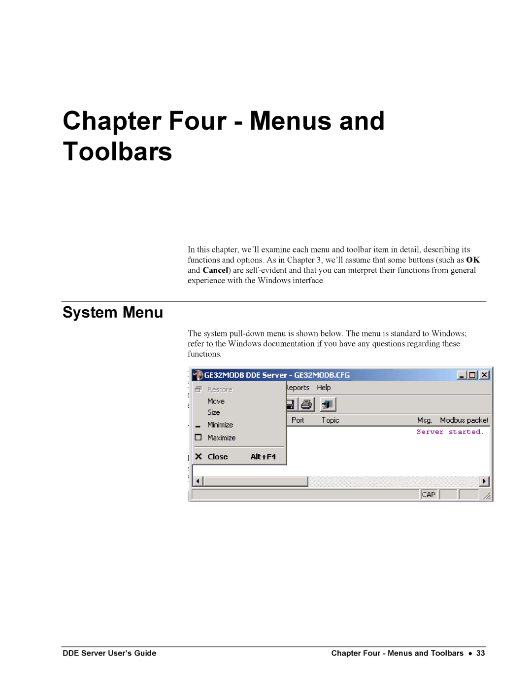 Black Box GEH-6510 manual Chapter Four Menus and Toolbars, System Menu 