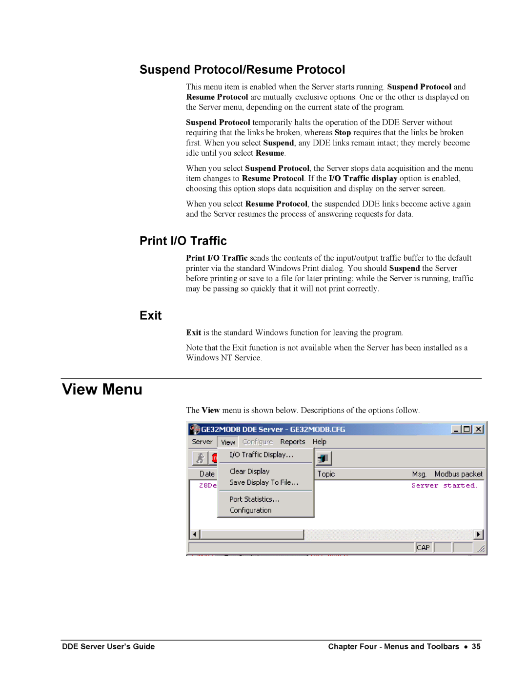 Black Box GEH-6510 manual View Menu, Suspend Protocol/Resume Protocol, Print I/O Traffic, Exit 