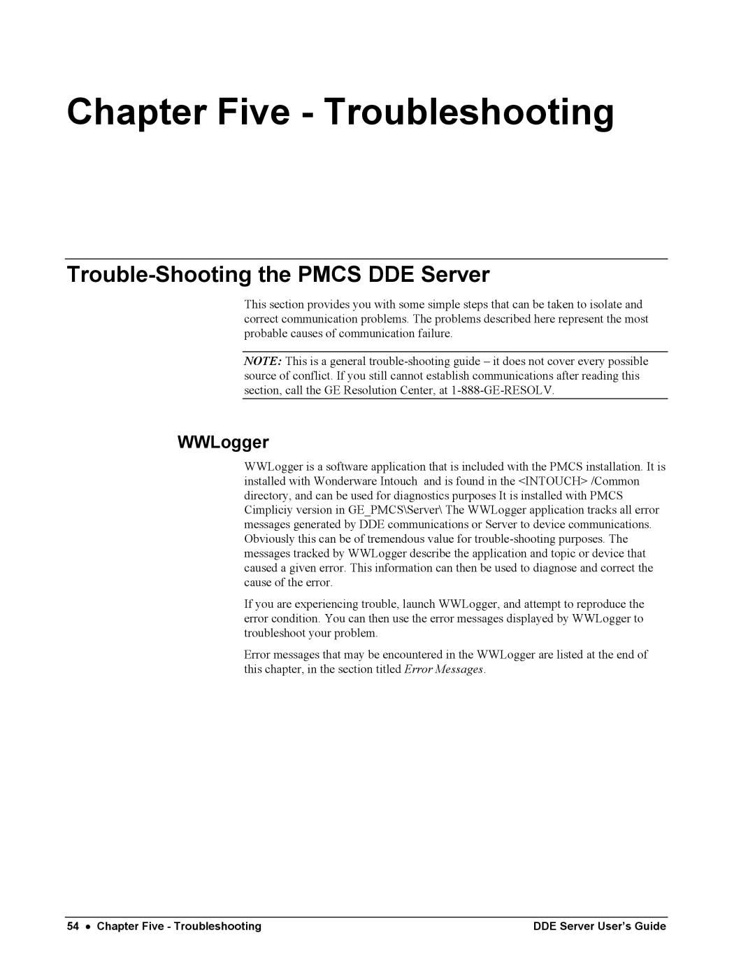 Black Box GEH-6510 manual Chapter Five Troubleshooting, Trouble-Shooting the Pmcs DDE Server, WWLogger 