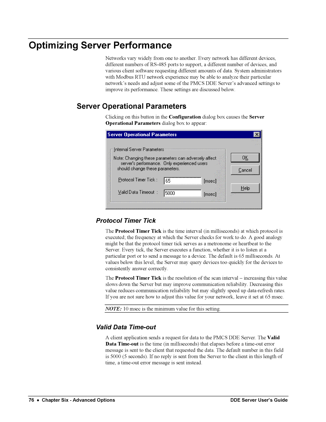 Black Box GEH-6510 Optimizing Server Performance, Server Operational Parameters, Protocol Timer Tick, Valid Data Time-out 