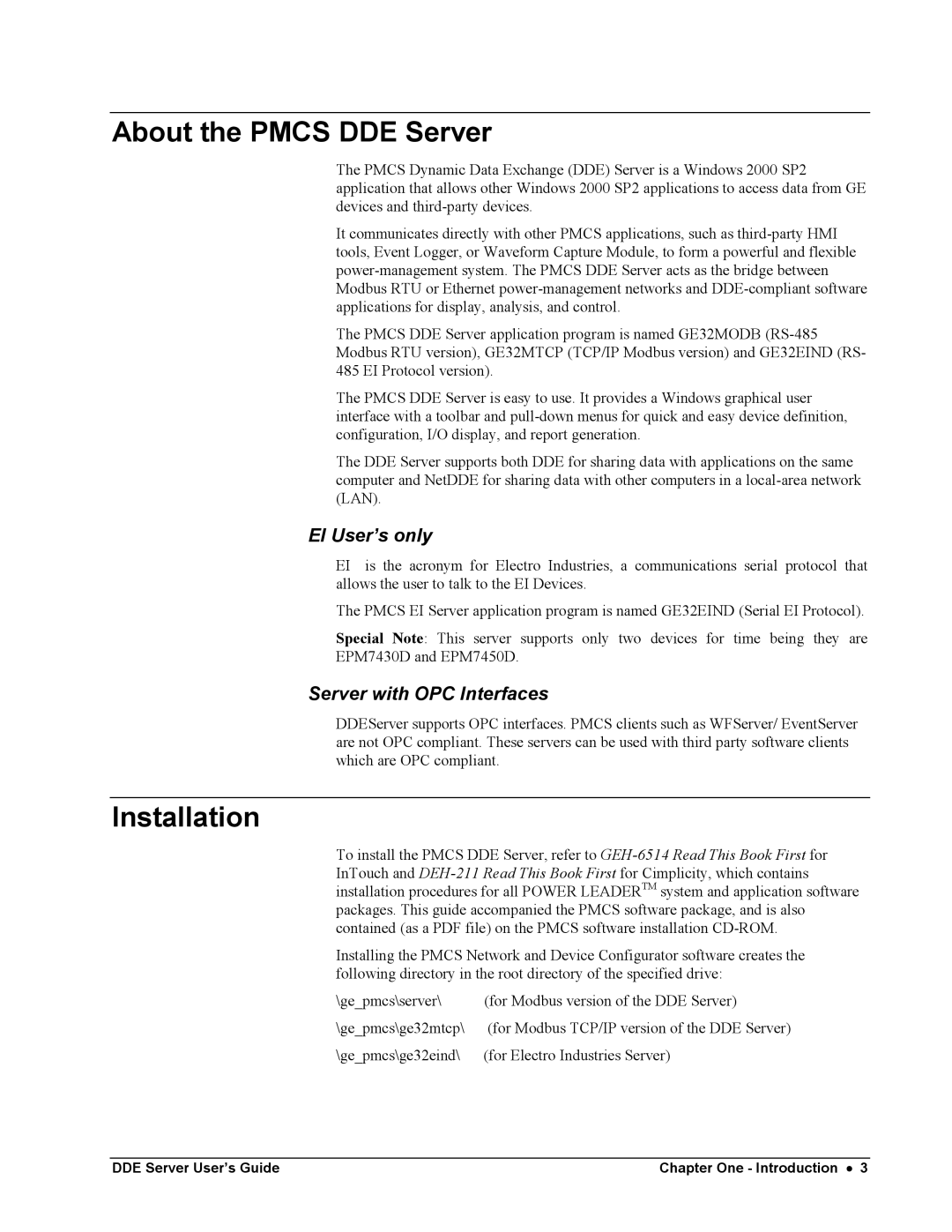 Black Box GEH-6510 manual About the Pmcs DDE Server, Installation, EI User’s only, Server with OPC Interfaces 