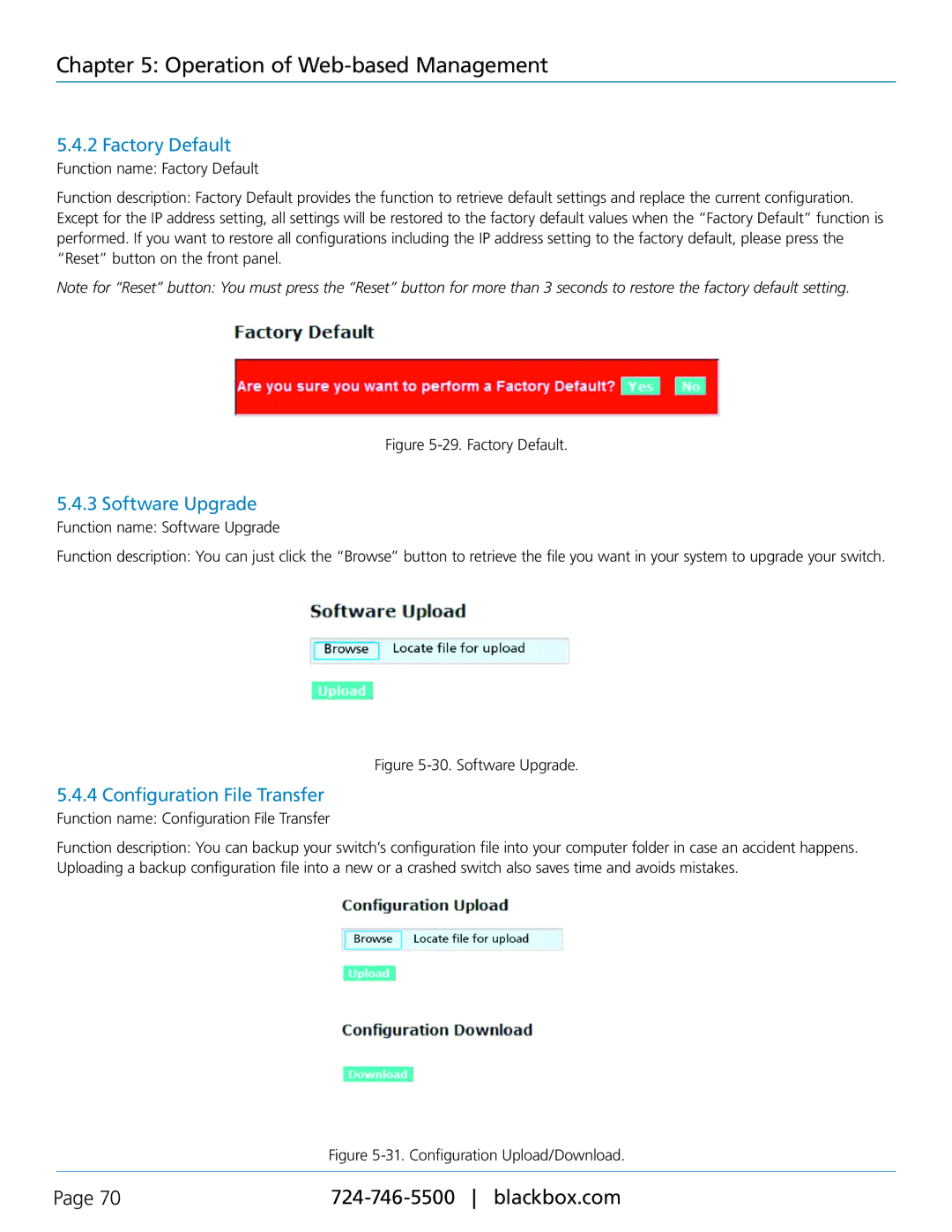 Black Box LGB2124A, LGB2118A manual Factory Default, Software Upgrade, Configuration File Transfer 