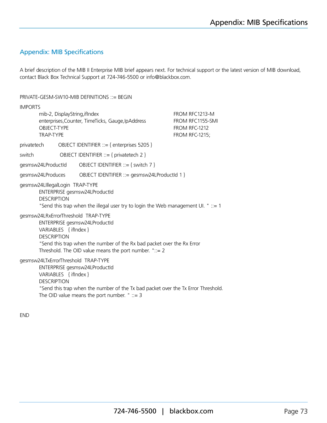 Black Box LGB2124A, LGB2118A, Gigabit Smart Switch Eco Fanless manual Appendix MIB Specifications 