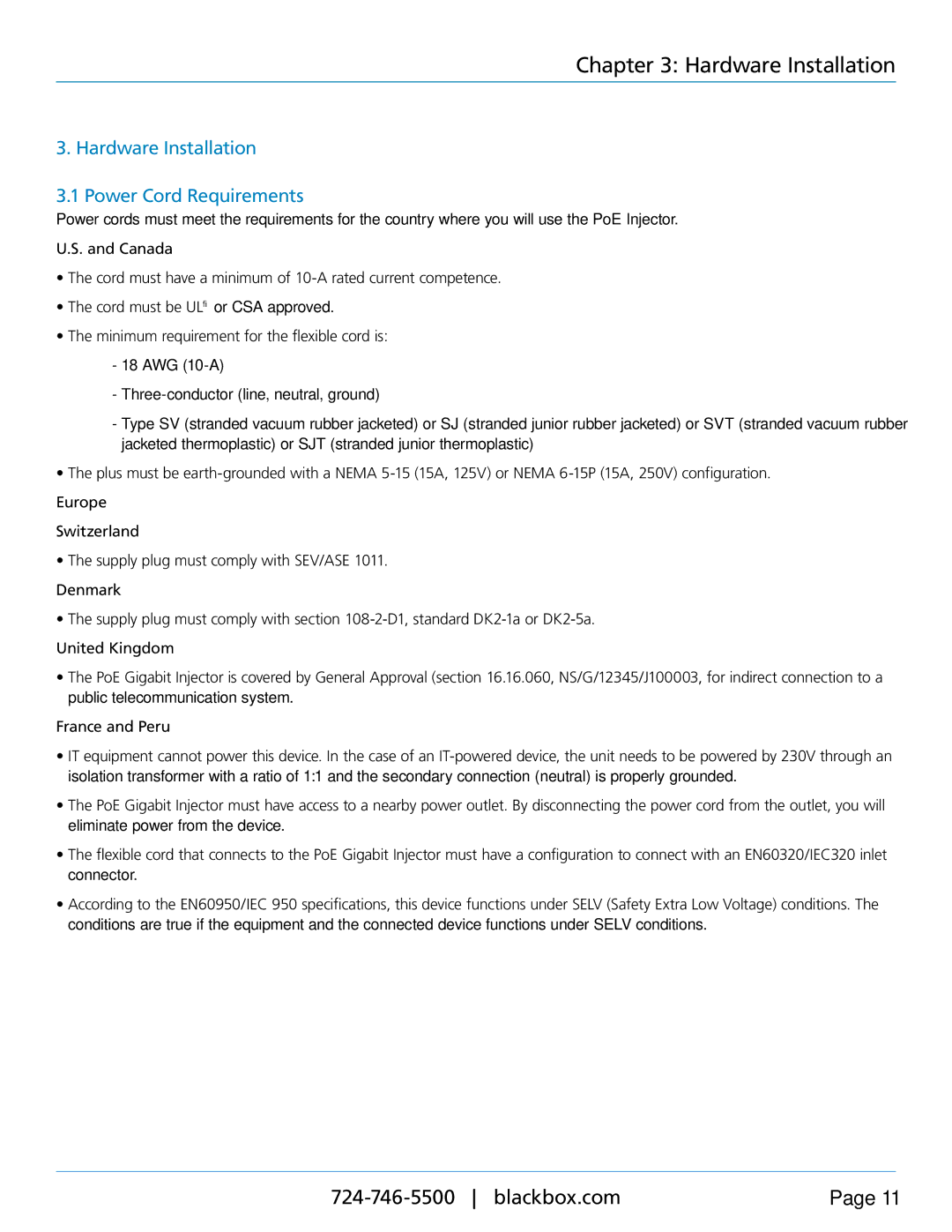 Black Box LPJ008A-FM, LPJ024A-FM, LPJ016A-FM, LPJ016A-TM Hardware Installation Power Cord Requirements 