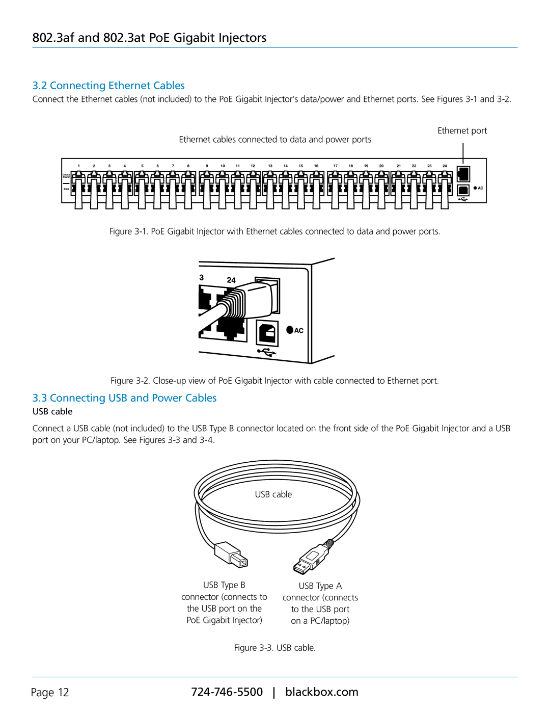 Black Box LPJ008A-FM, LPJ024A-F, LPJ016A-F, LPJ016A-T Connecting Ethernet Cables, Connecting USB and Power Cables 