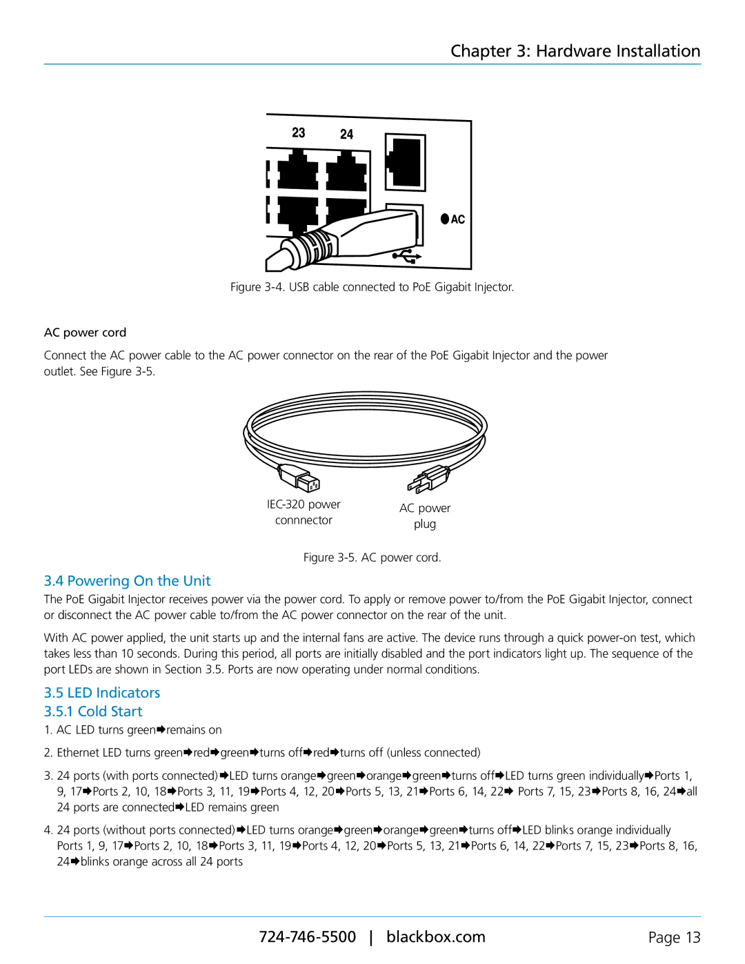 Black Box LPJ008A-FM, LPJ016A-T, LPJ024A-FM, LPJ016A-FM Powering On the Unit, LED Indicators 3.5.1 Cold Start 