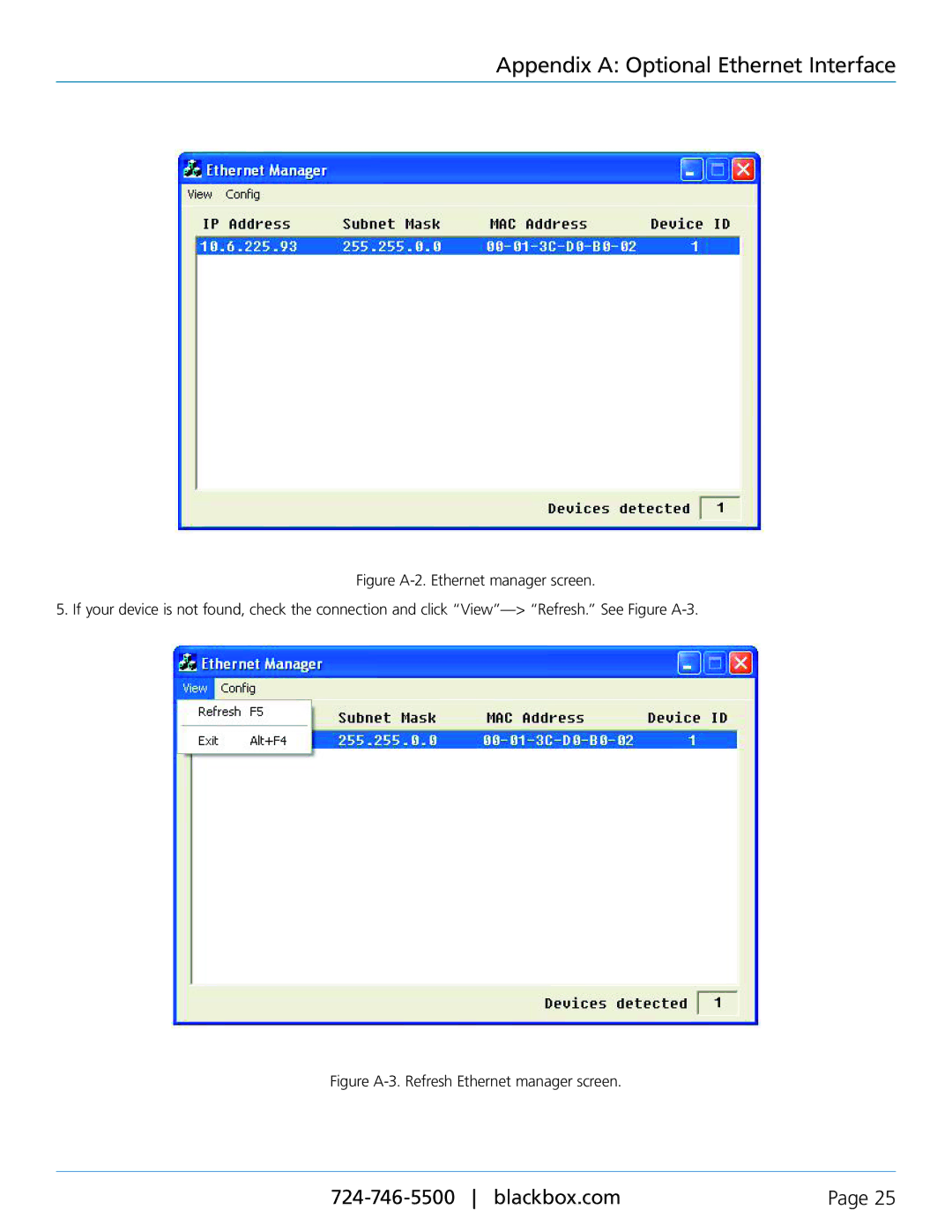 Black Box LPJ016A-F, LPJ008A-FM Appendix a Optional Ethernet Interface, Figure A-3. Refresh Ethernet manager screen 