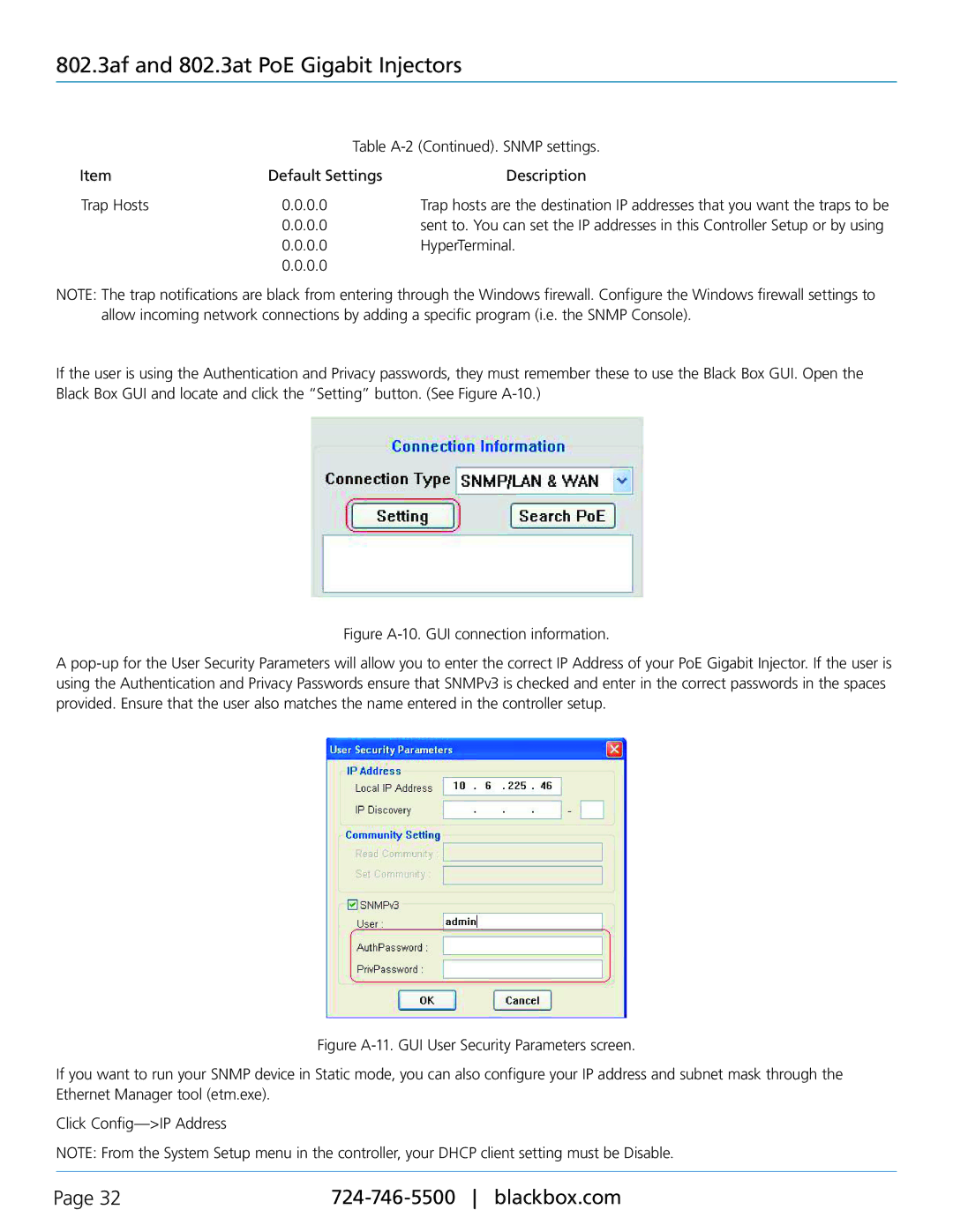 Black Box Gigabit speed plus extra power for high-wattage devices, LPJ008A-FM, LPJ024A-F Table A-2 . Snmp settings 