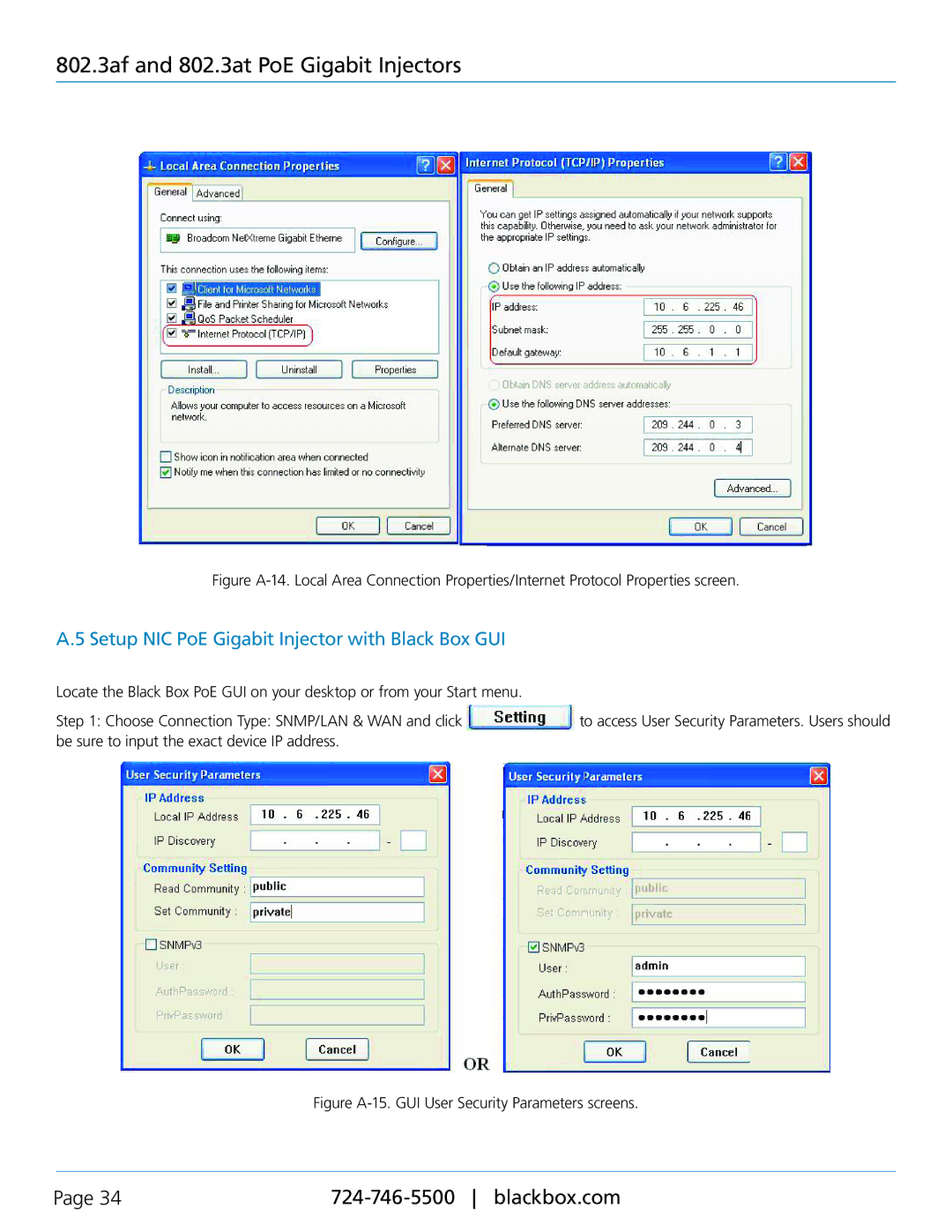 Black Box LPJ008A-F Setup NIC PoE Gigabit Injector with Black Box GUI, Figure A-15. GUI User Security Parameters screens 