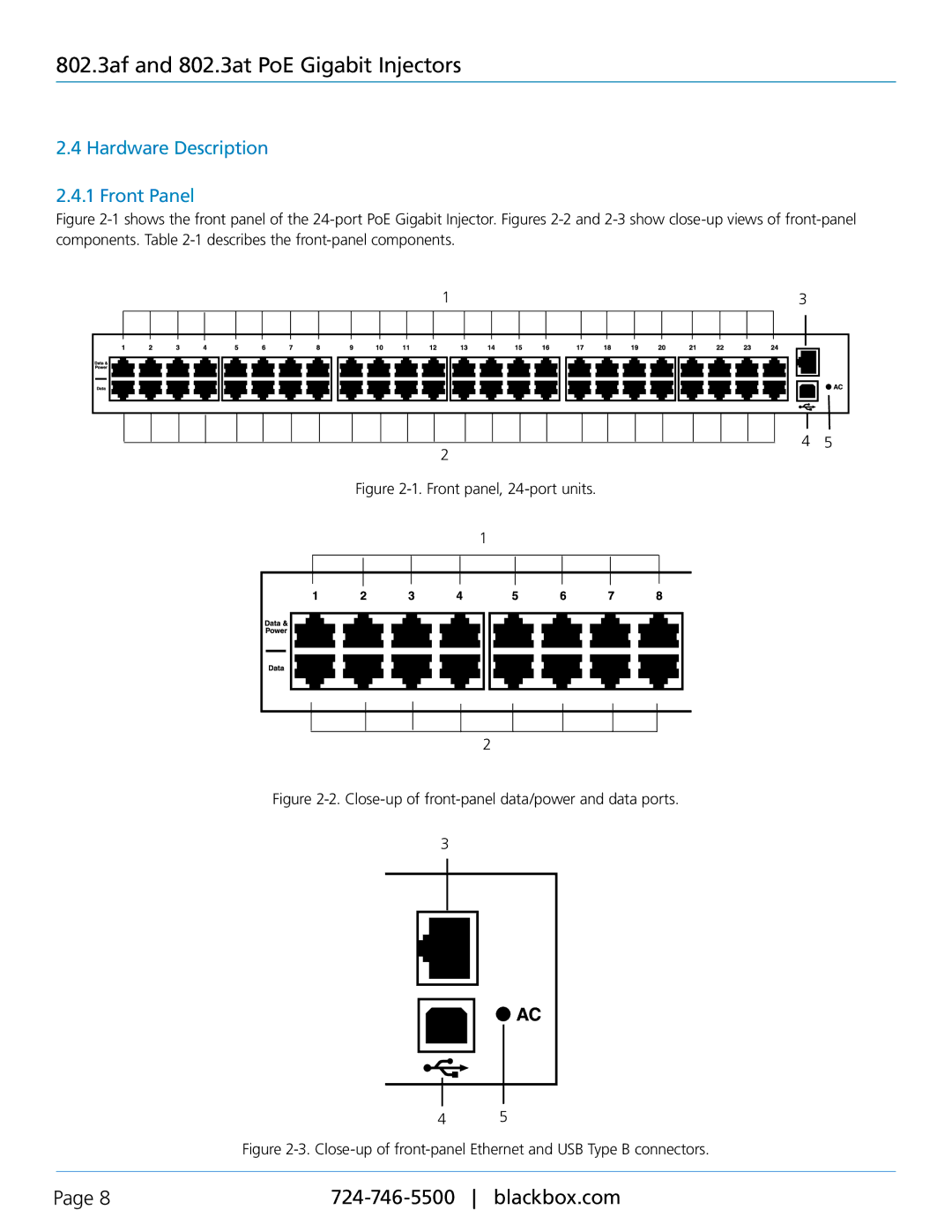 Black Box LPJ008A-T, LPJ008A-FM, LPJ024A-F, LPJ016A-F, LPJ016A-T Hardware Description Front Panel, Front panel, 24-port units 