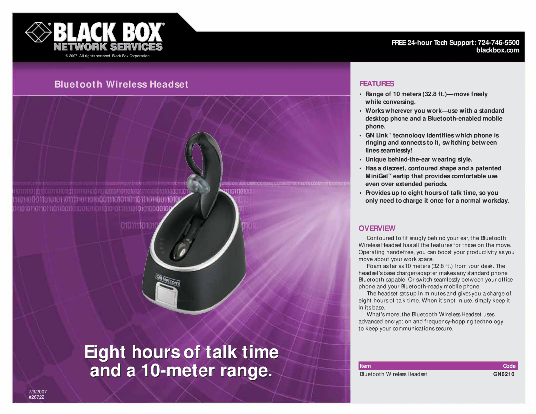 Black Box GN6210 manual Eight hours of talk time and a 10-meter range, Features, Overview 