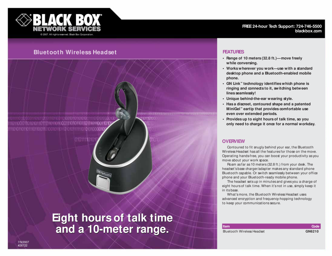 Black Box GN6210 manual Eight hours of talk time and a 10-meterrange, Bluetooth Wireless Headset, Features, Overview 