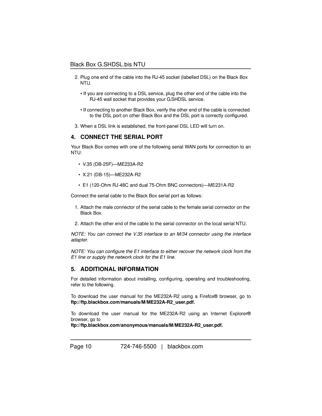 Black Box GSHDSL Two-Wire Extender/NTU manual Connect the Serial Port, Additional Information 