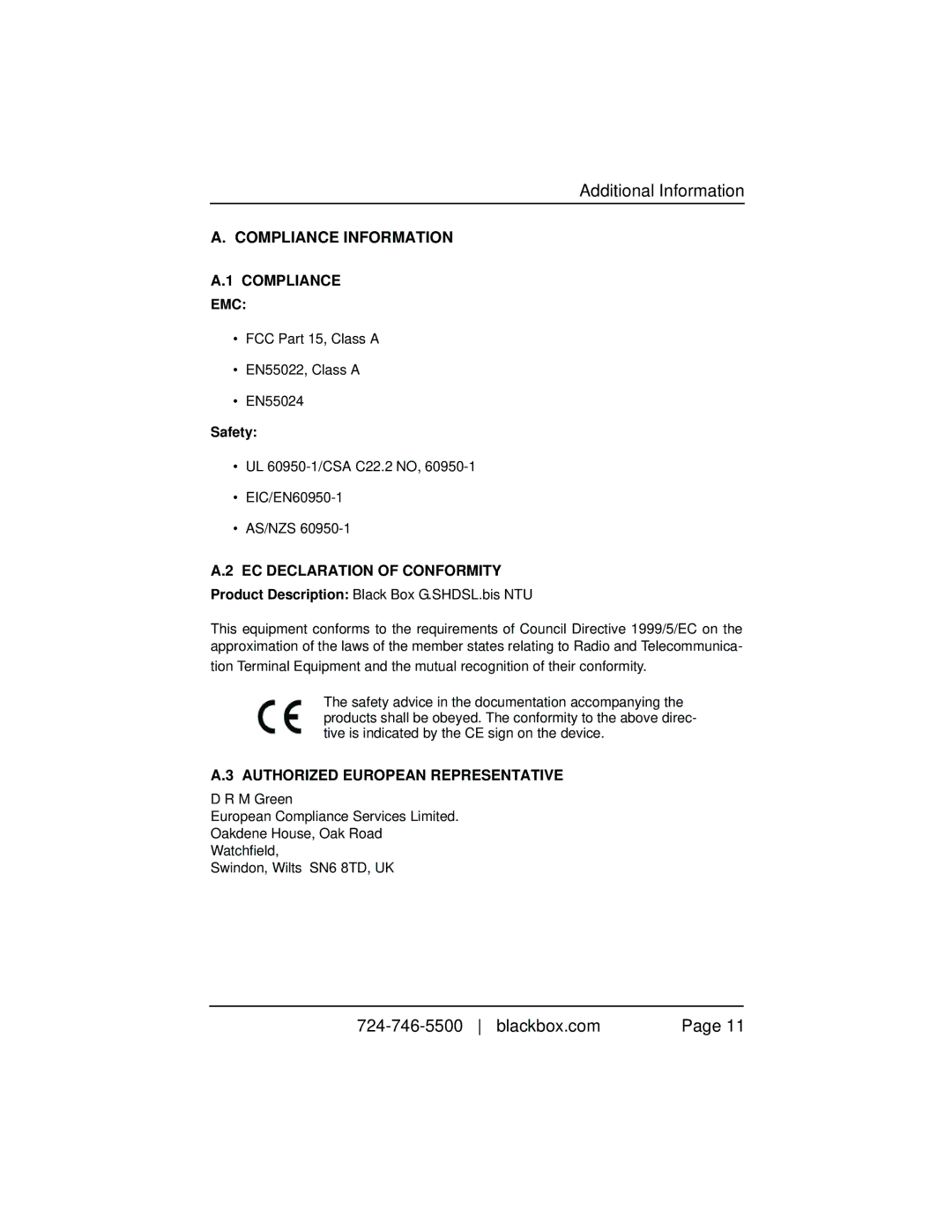 Black Box GSHDSL Two-Wire Extender/NTU manual Additional Information, Compliance Information, EC Declaration of Conformity 