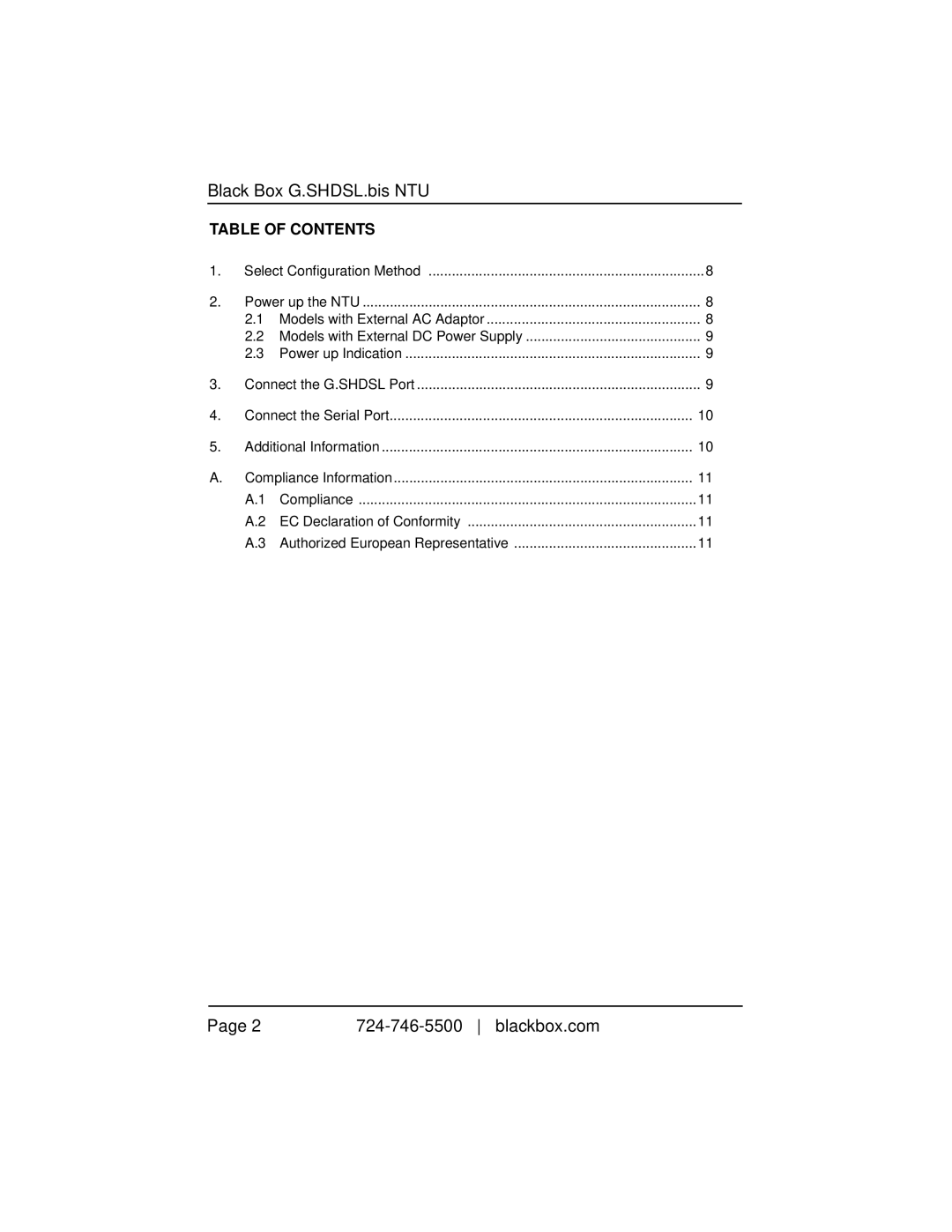 Black Box GSHDSL Two-Wire Extender/NTU manual Black Box G.SHDSL.bis NTU, Blackbox.com, Table of Contents 