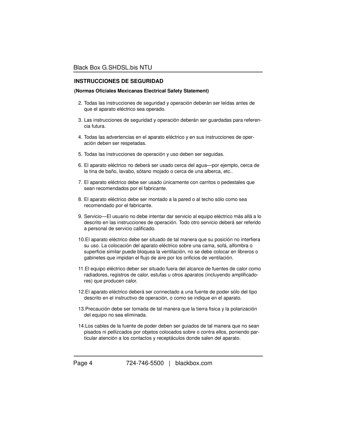 Black Box GSHDSL Two-Wire Extender/NTU Instrucciones DE Seguridad, Normas Oficiales Mexicanas Electrical Safety Statement 