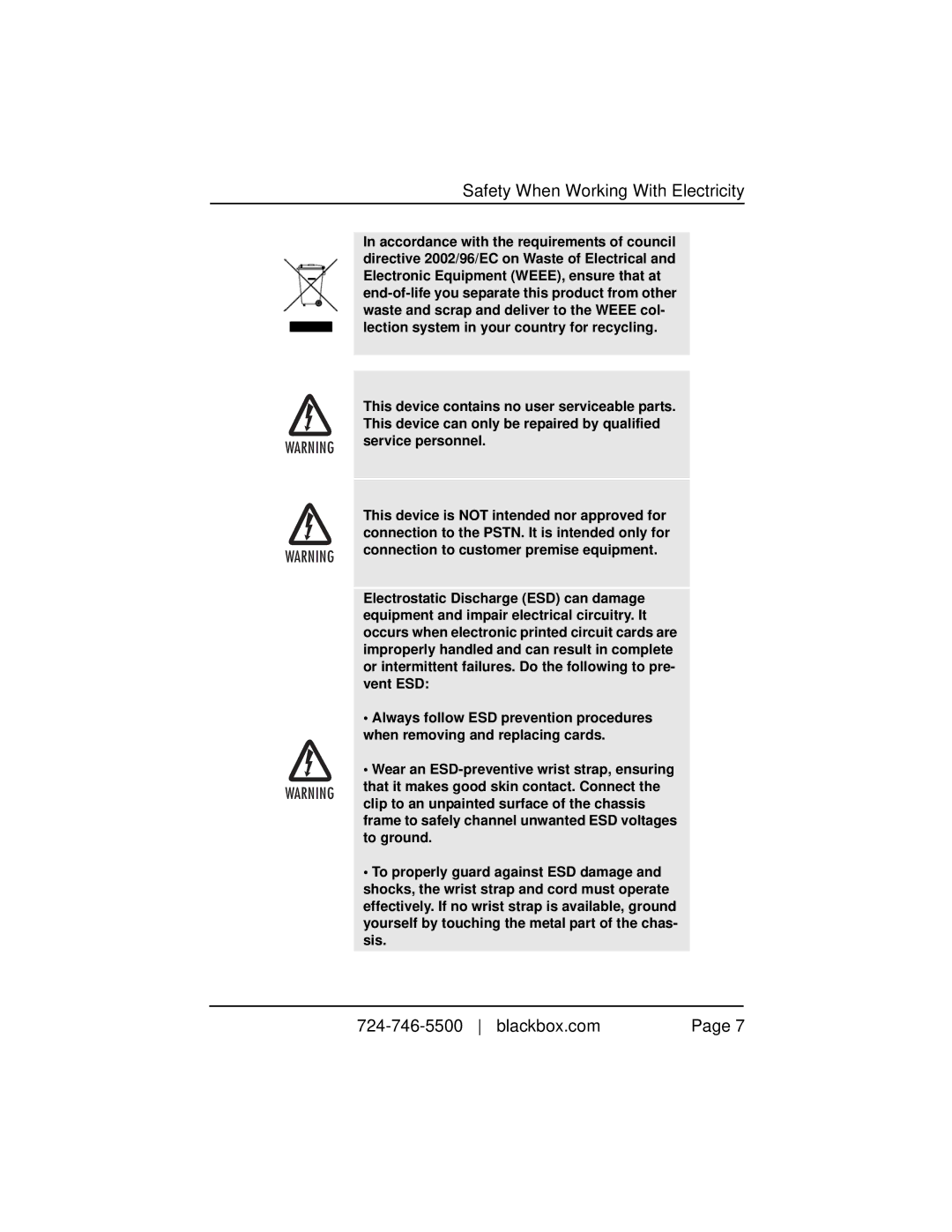 Black Box GSHDSL Two-Wire Extender/NTU manual Safety When Working With Electricity 