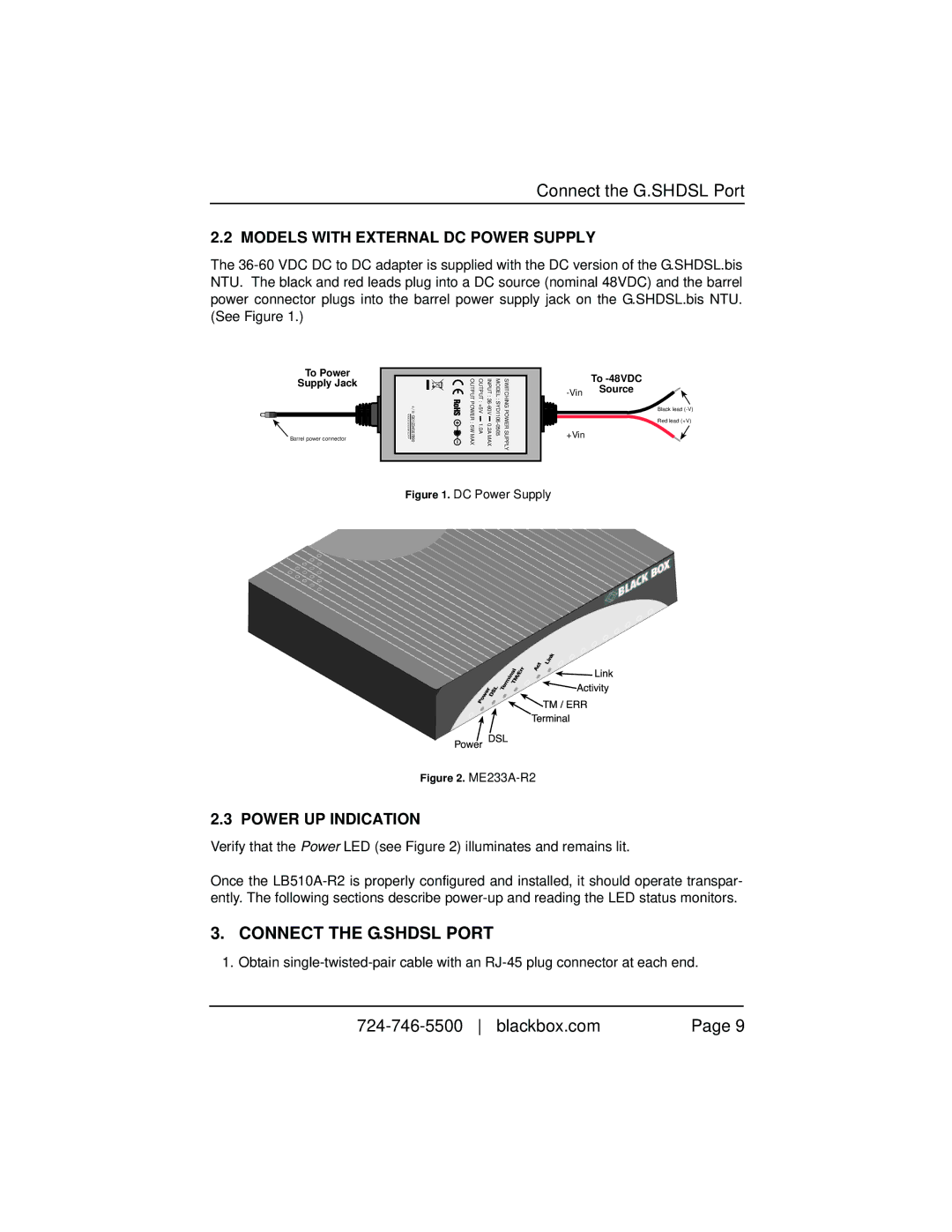 Black Box GSHDSL Two-Wire Extender/NTU Connect the G.SHDSL Port, Models with External DC Power Supply, Power UP Indication 