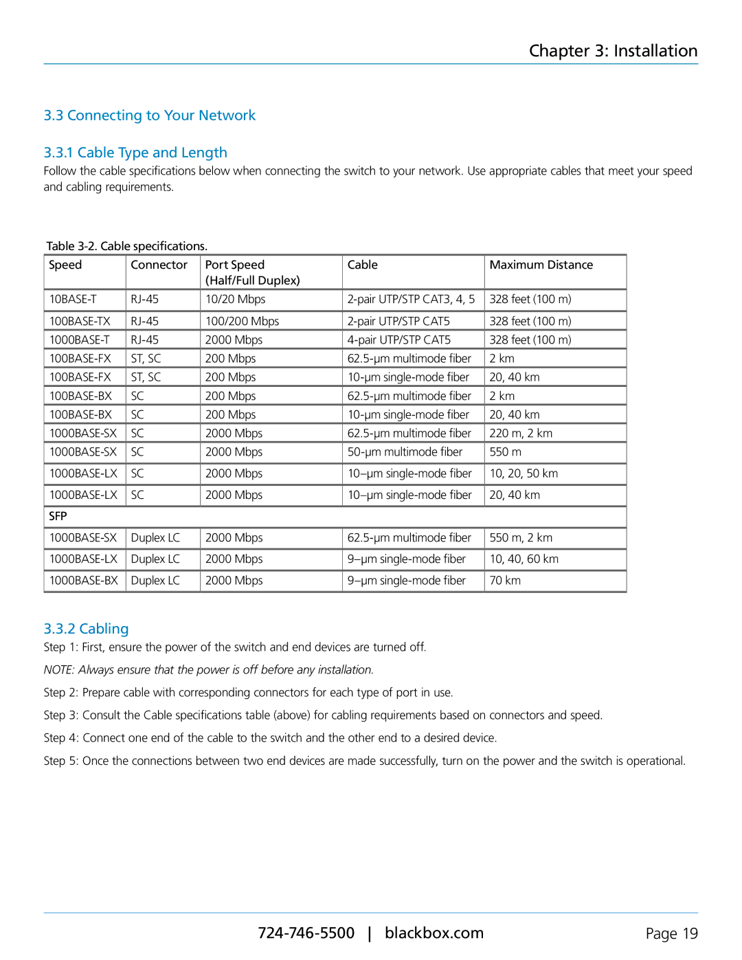 Black Box LEH906A-2MMSC, LEH906A-2SFP, LEH908A, LEH906A-2MMST manual Connecting to Your Network Cable Type and Length, Cabling 