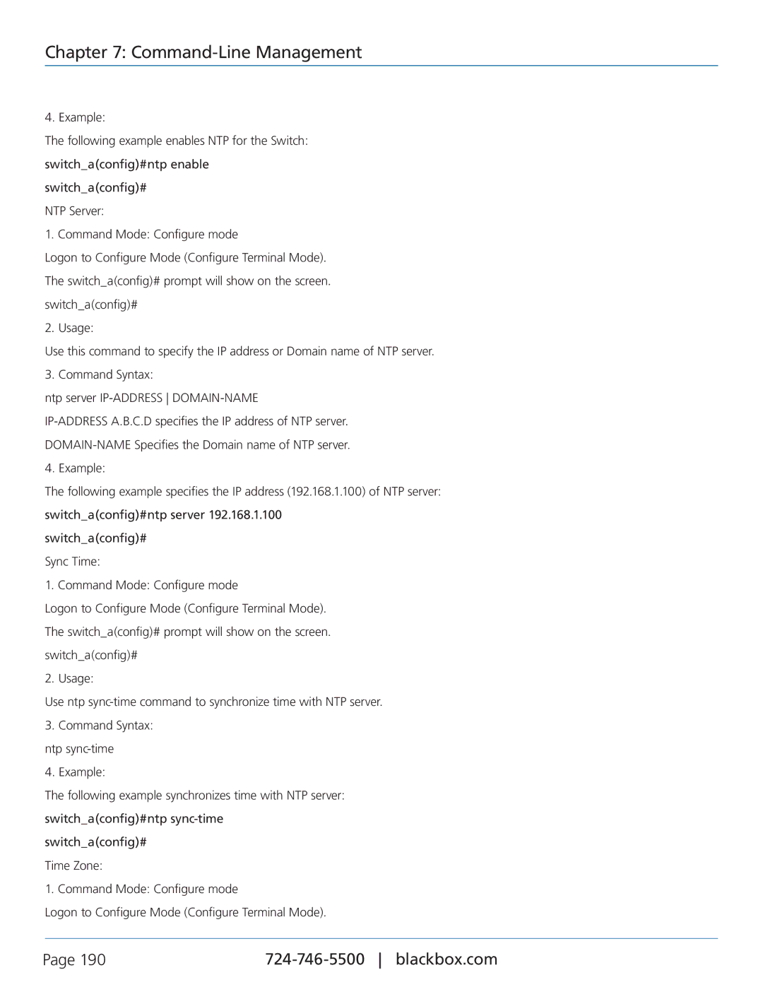 Black Box LEH1104A-4MMST, LEH906A-2SFP, LEH908A, LEH906A-2MMST, LEH906A-2GSFP, LEH906A-2MMSC manual Command Syntax ntp sync-time 
