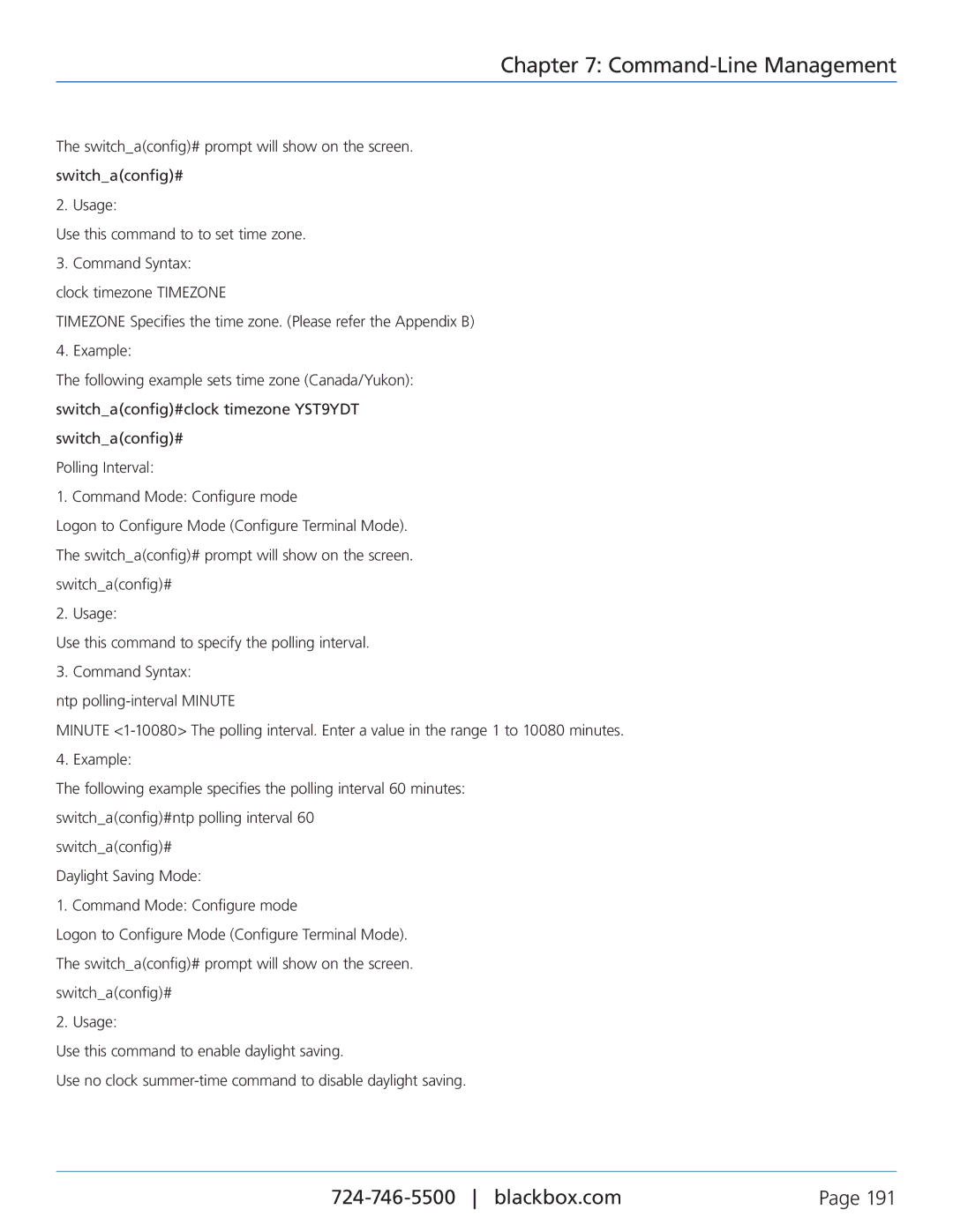 Black Box LEH1008A-2SFP, LEH906A-2SFP, LEH908A, LEH906A-2MMST, LEH906A-2GSFP manual Command Syntax clock timezone Timezone 