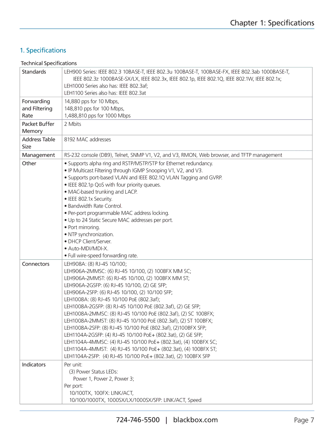 Black Box LEH1104A-4MMSC, LEH906A-2SFP, LEH908A, LEH906A-2MMST, LEH906A-2GSFP, LEH906A-2MMSC, LEH1104A-2GSFP Specifications 