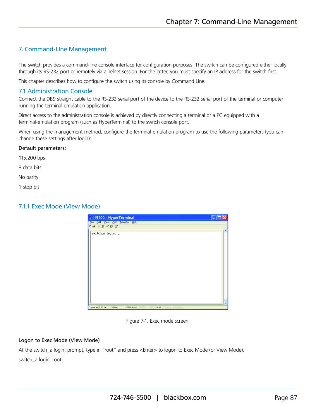 Black Box LEH1008A-2MMSC, LEH906A-2SFP, LEH908A manual Command-LIne Management, Administration Console, Exec Mode View Mode 