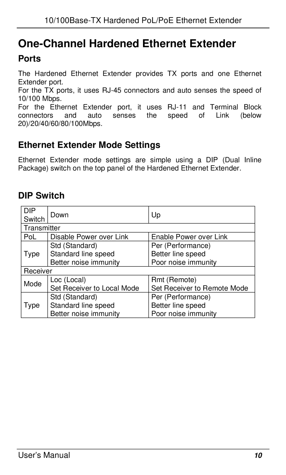 Black Box hardened pol poe ethernet extenders, LBPS310A-KIT manual One-Channel Hardened Ethernet Extender, Ports, DIP Switch 