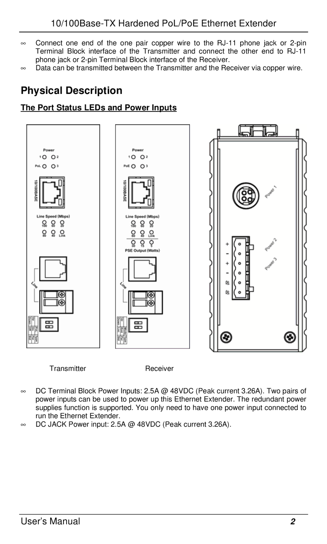 Black Box hardened pol poe ethernet extenders, LBPS310A-KIT manual Physical Description, Port Status LEDs and Power Inputs 