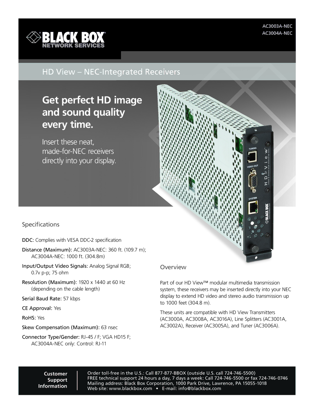 Black Box HD VIEW - NEC INTEGRATED RECEIVERS, AC3003A-NEC specifications Specifications, Overview 