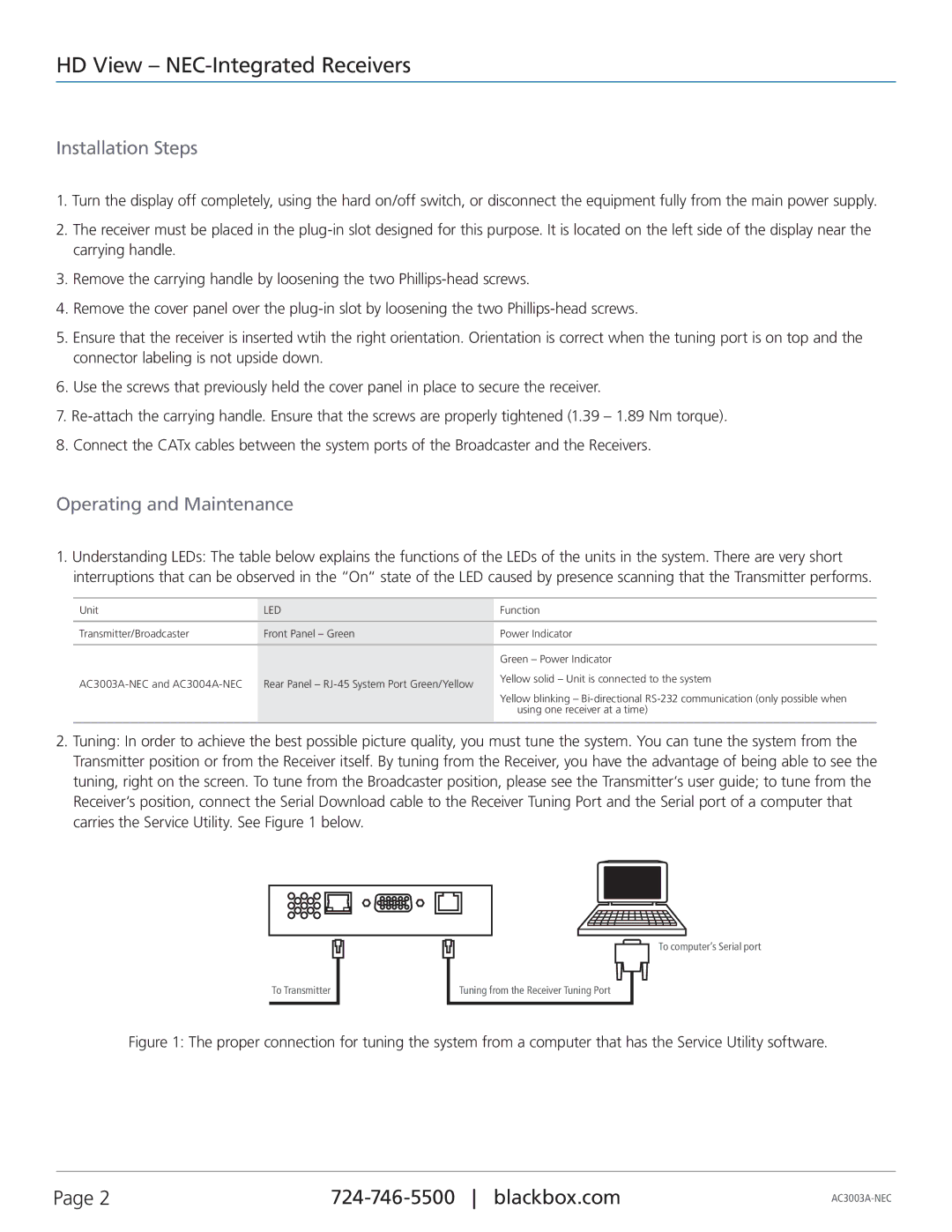 Black Box AC3003A-NEC, HD VIEW - NEC INTEGRATED RECEIVERS specifications Installation Steps, Operating and Maintenance 