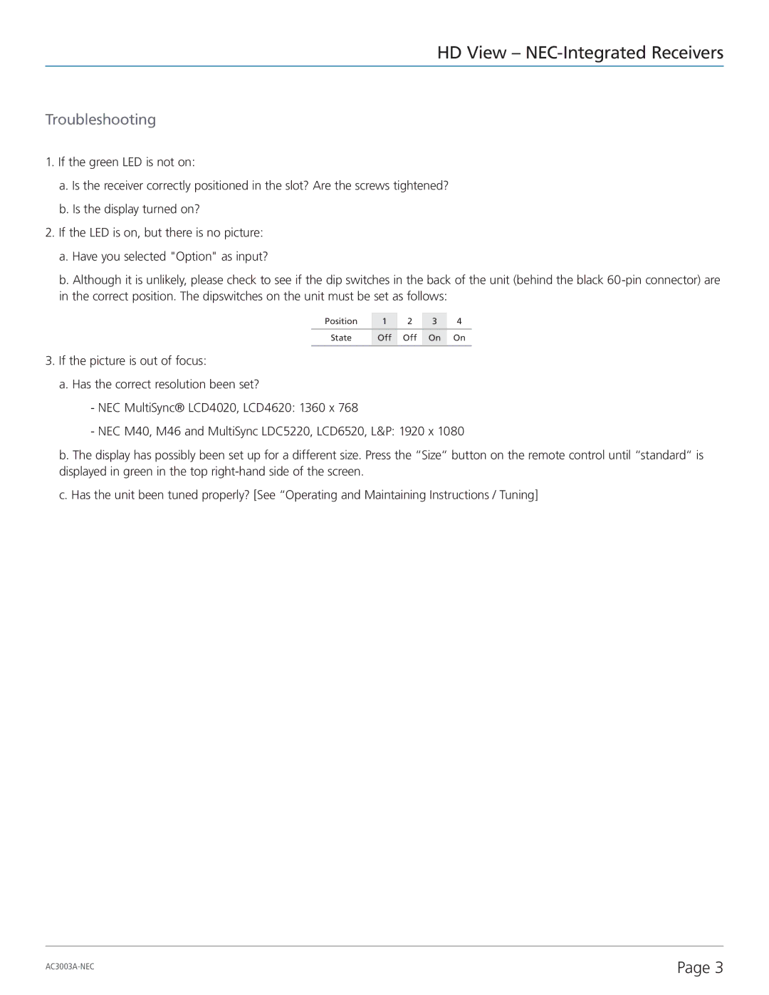Black Box HD VIEW - NEC INTEGRATED RECEIVERS, AC3003A-NEC specifications Troubleshooting 
