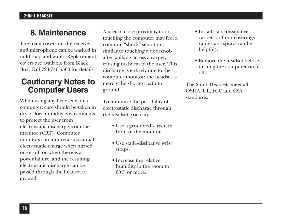 Black Box HS201A, HS205A manual Maintenance, Computer Users 