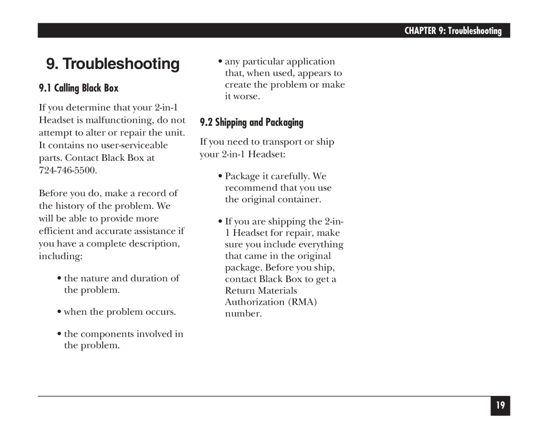 Black Box HS205A, HS201A manual Troubleshooting, Calling Black Box, Shipping and Packaging 