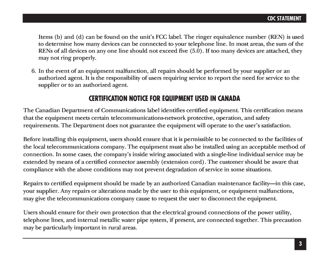Black Box HS205A, HS201A manual Certification Notice For Equipment Used In Canada, Cdc Statement 