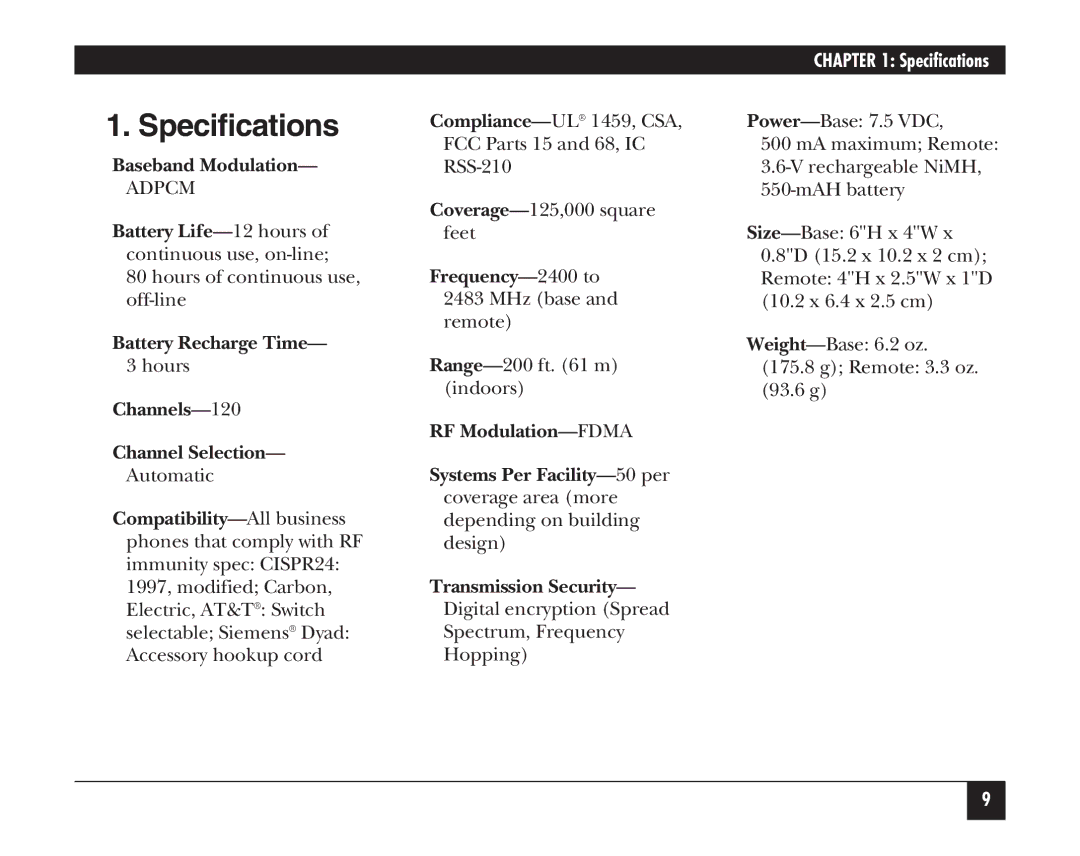 Black Box hs300a manual Specifications, Channels-120 Channel Selection 