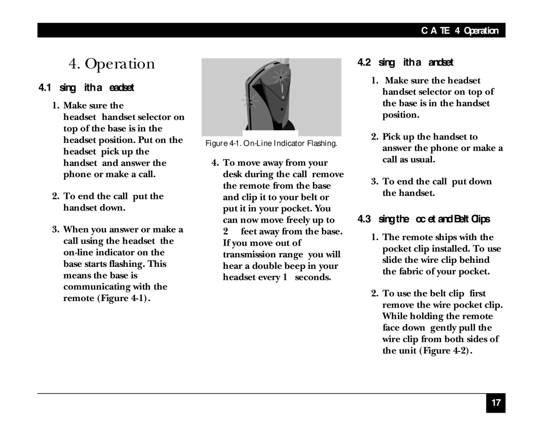 Black Box hs300a manual Operation, Using with a Headset, Using with a Handset, Using the Pocket and Belt Clips 