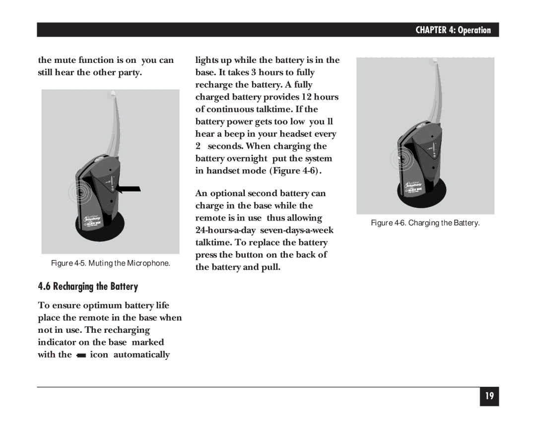Black Box hs300a manual Recharging the Battery, Muting the Microphone 