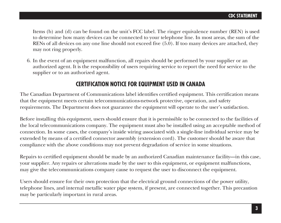 Black Box hs300a manual Certification Notice for Equipment Used in Canada 