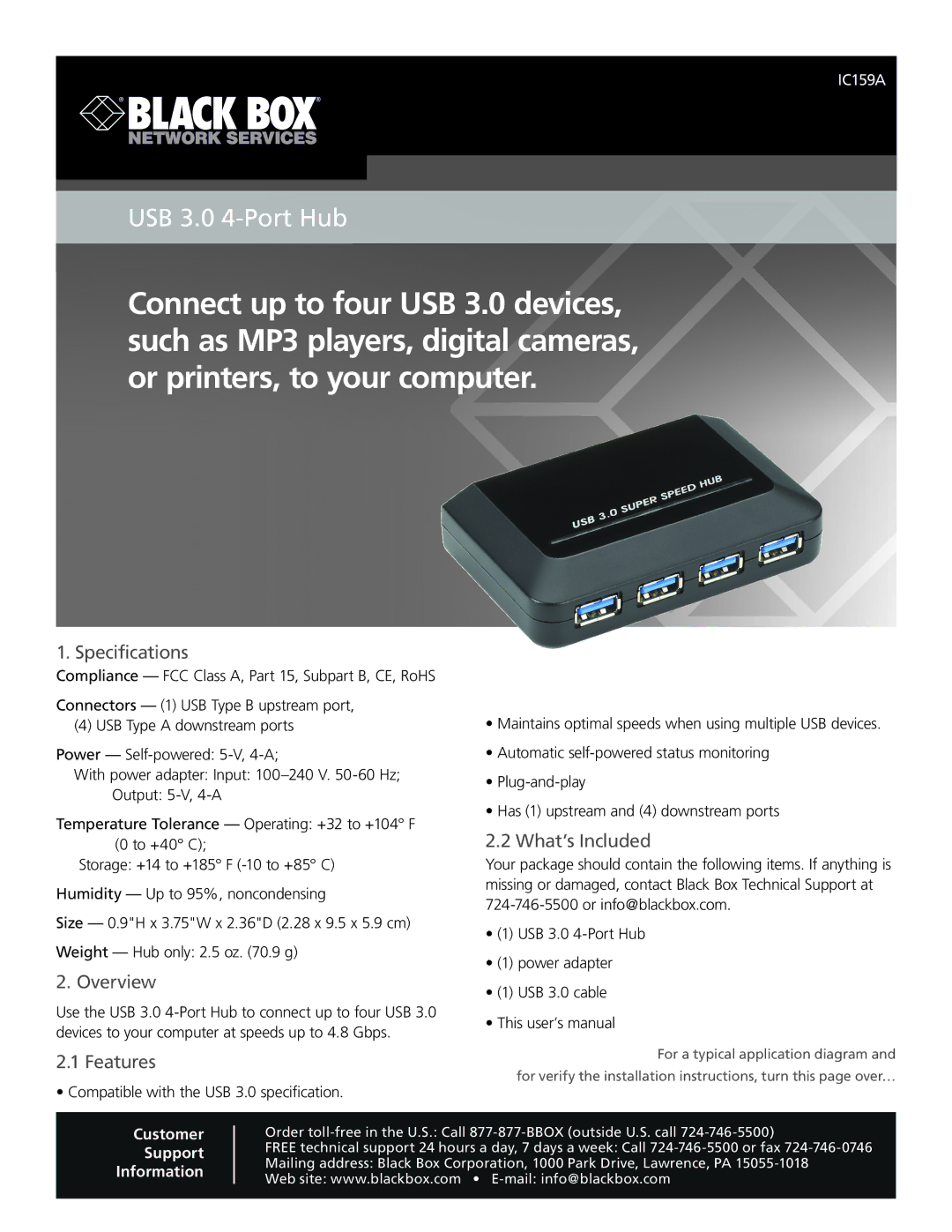 Black Box USB 3.0 4-Port Hub, IC-159A specifications Specifications, Overview, Features, What’s Included 