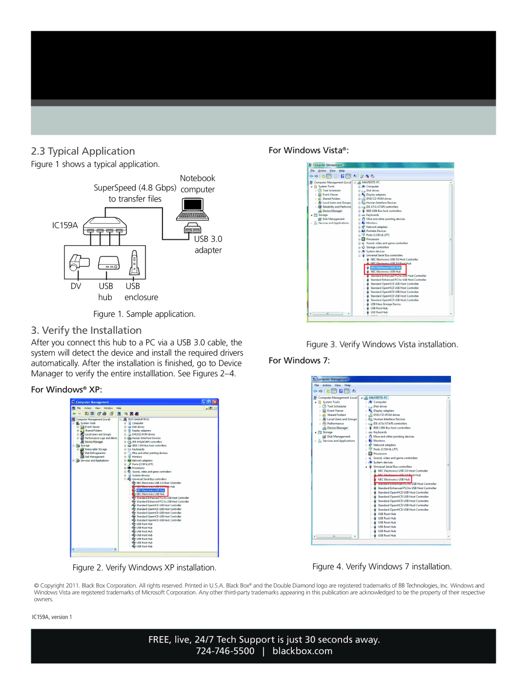 Black Box IC-159A, USB 3.0 4-Port Hub specifications Typical Application, Verify the Installation 