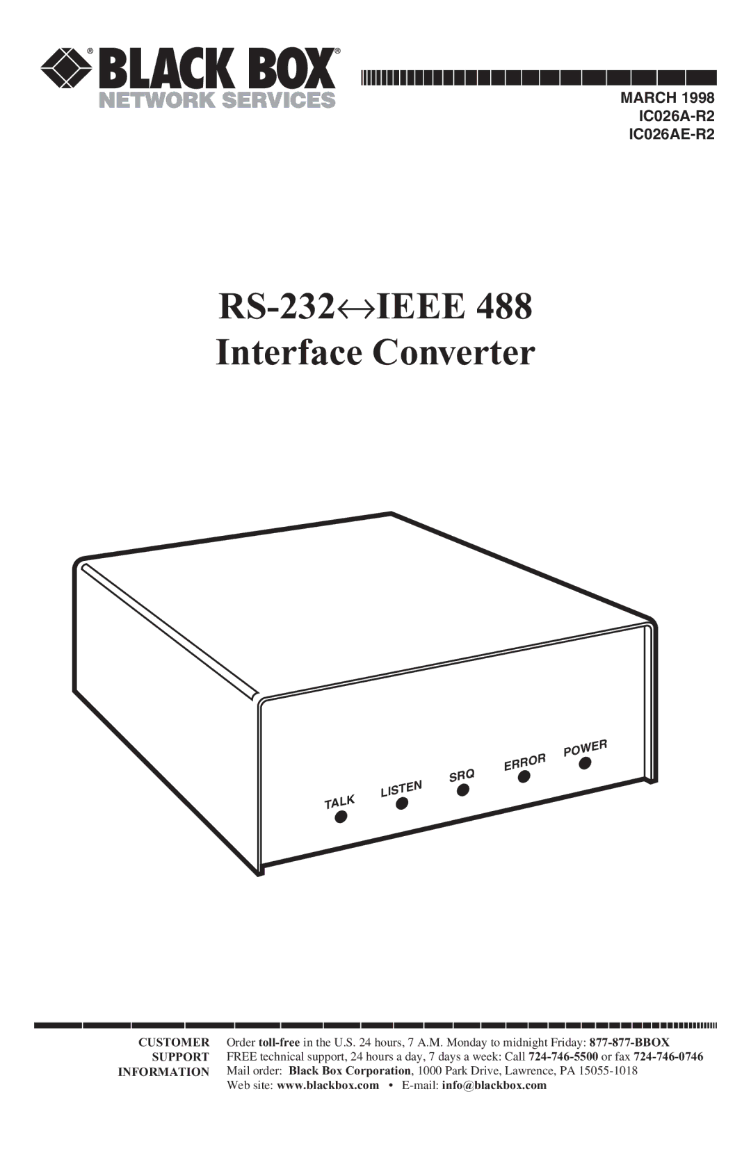 Black Box IC026AE-R2, IC026A-R2 manual RS-232↔IEEE Interface Converter 