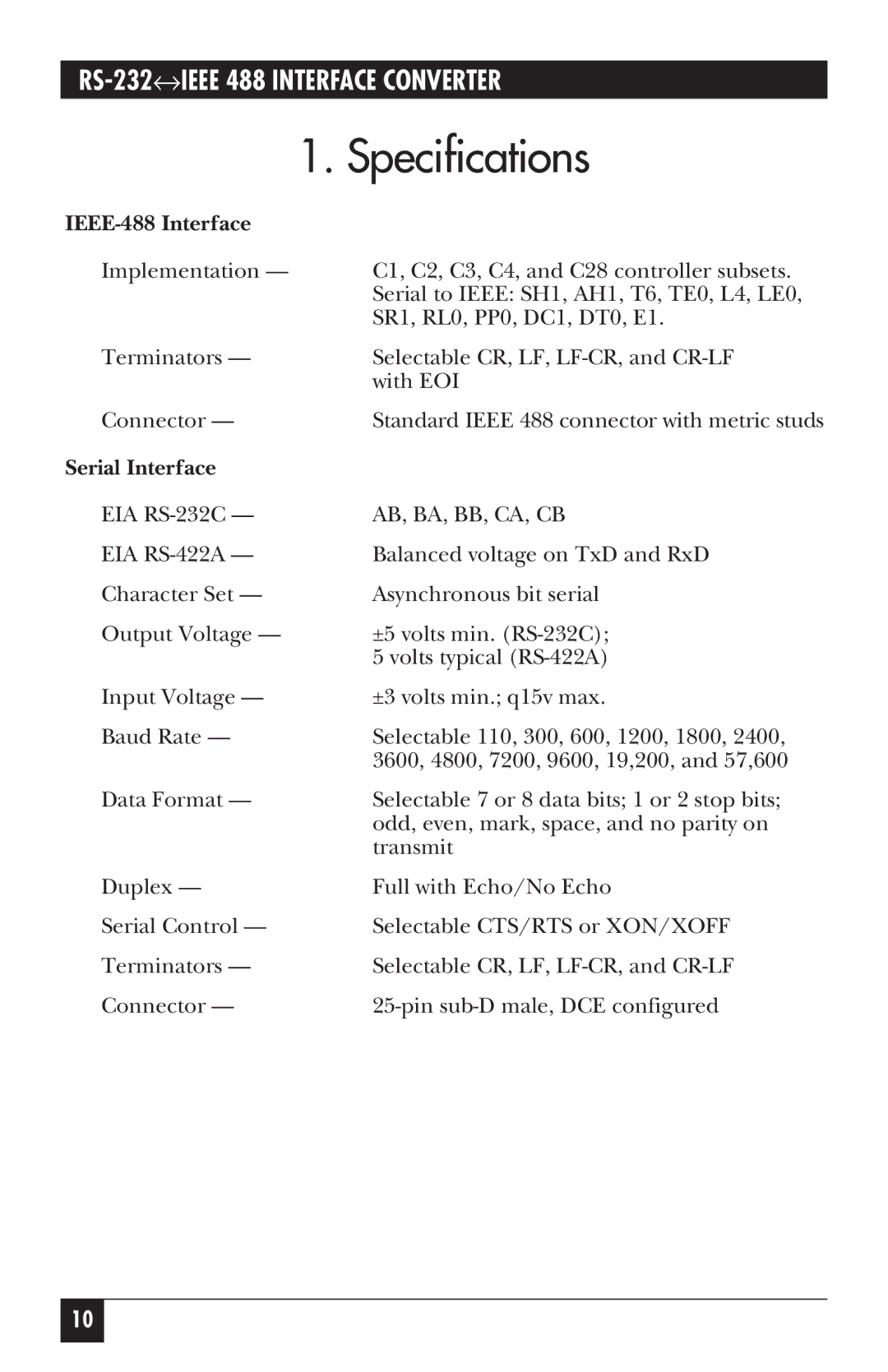 Black Box IC026A-R2, IC026AE-R2 manual Specifications, IEEE-488 Interface, Serial Interface 